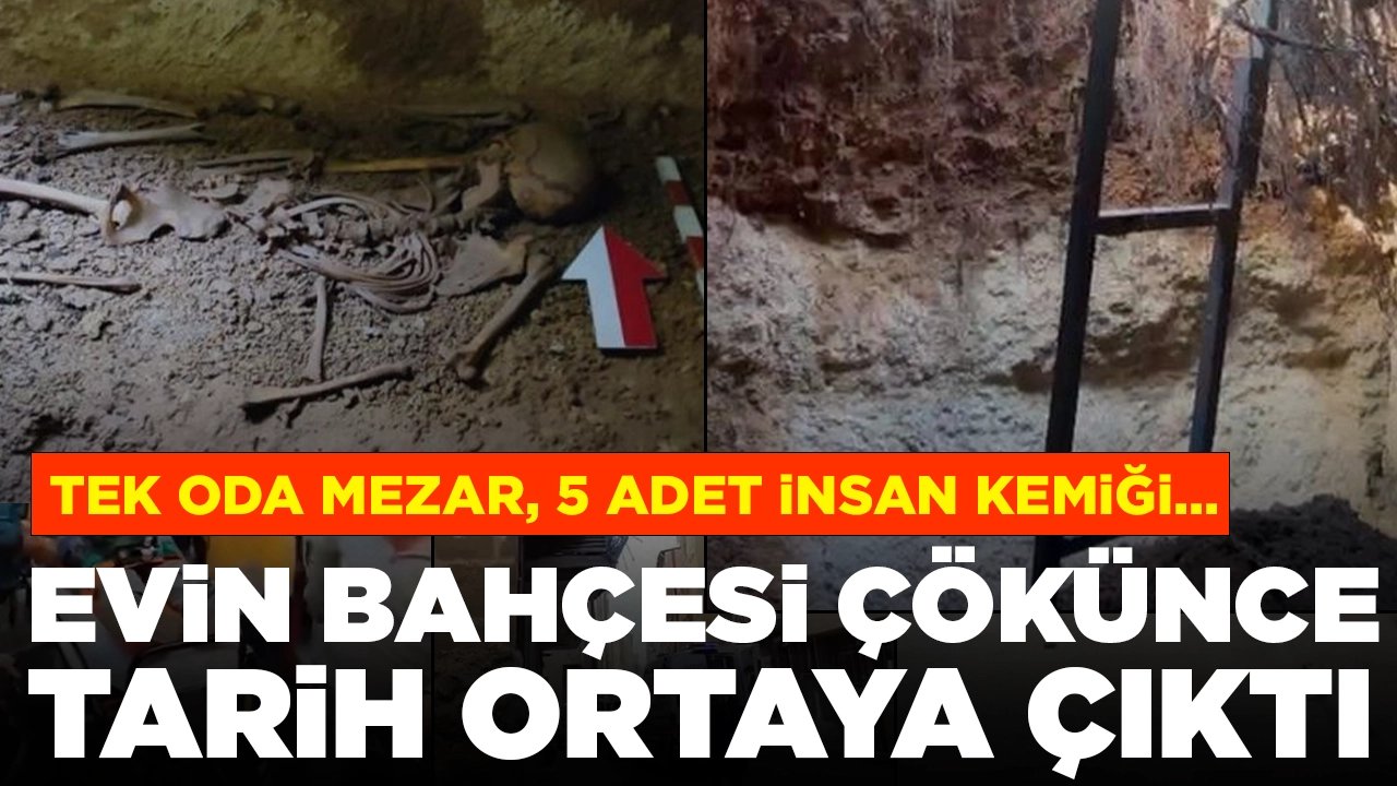 Evin bahçesi çökünce tarih ortaya çıktı: Tek oda mezar, 5 adet insan kemiği...