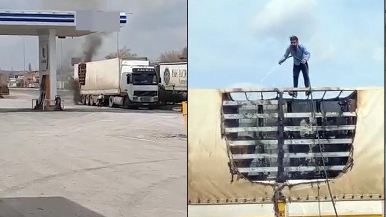 Kullandığı TIR'da yangın çıktı, hortumla su sıkarak söndürdü