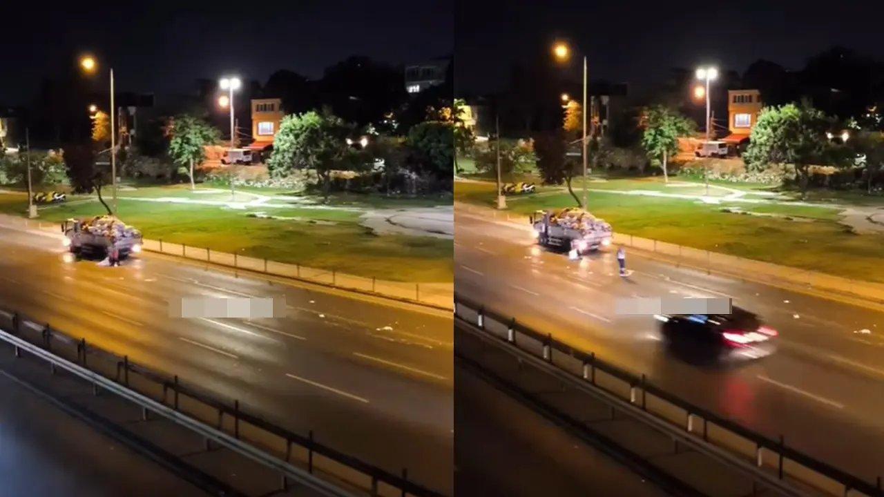 İstanbul'da akılalmaz olay! Moloz taşıyan kamyonet, yola hafriyat düşürdü