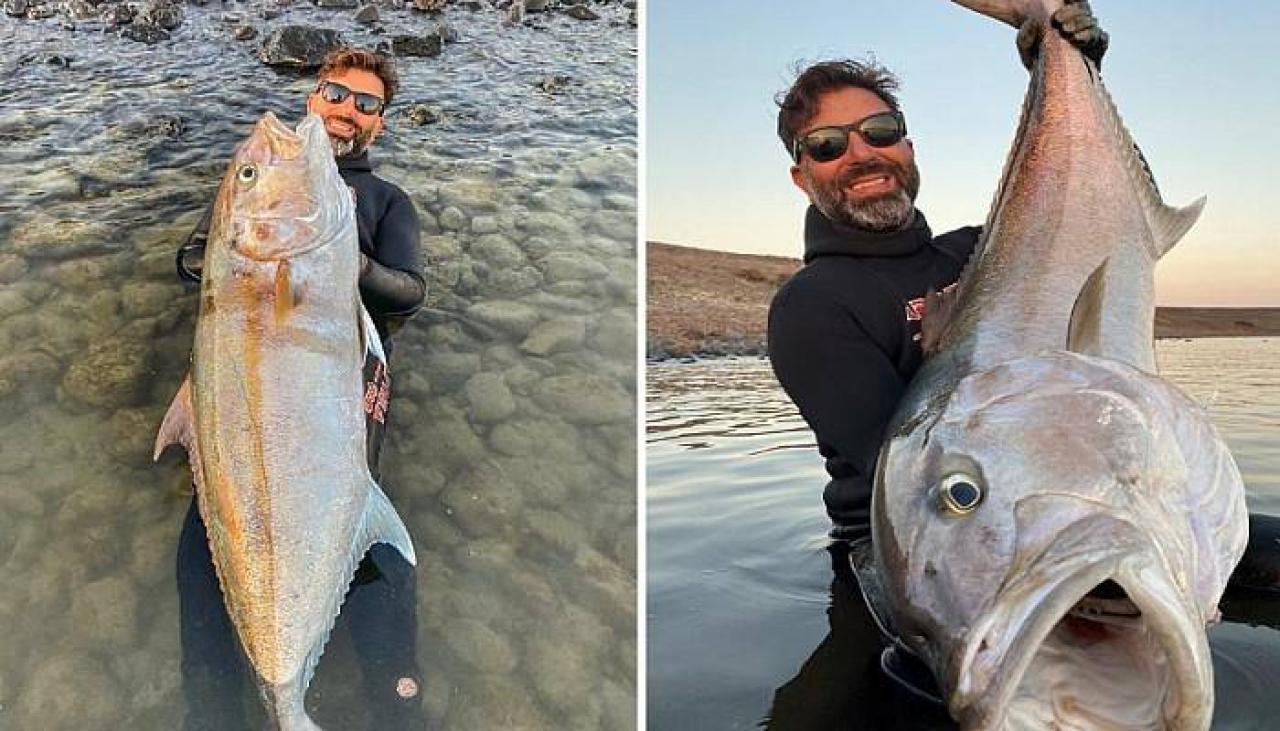 Rekortmen dalgıç zıpkınla 1,8 metre boyunda akya balığı avladı