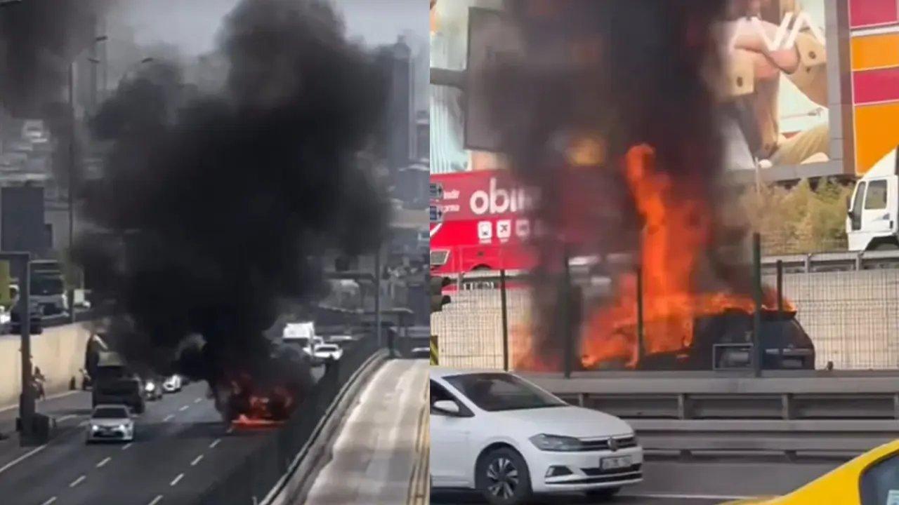 MarmaraPark önünde yangın, yol trafiğe kapatıldı!