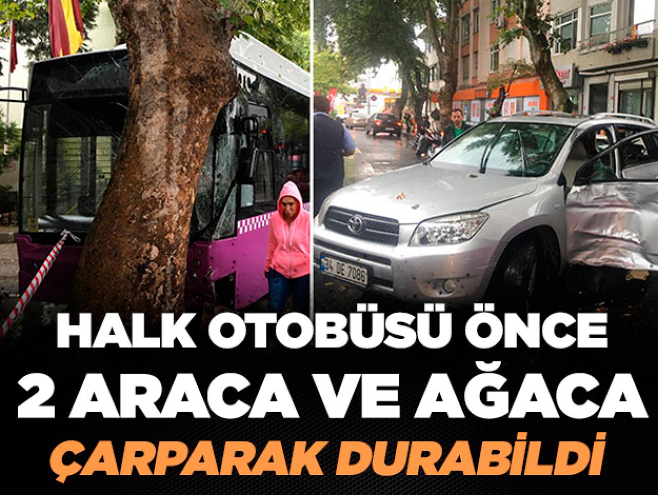 Halk otobüsü iki araca ve ağaca çarparak durabildi