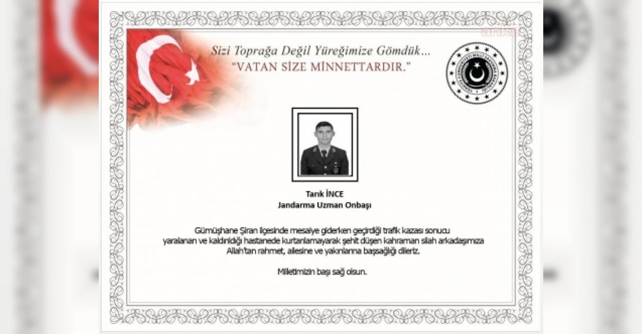 Gümüşhane'de 1 asker şehit oldu! Jandarma Uzman Onbaşı Tarık İnce kimdir