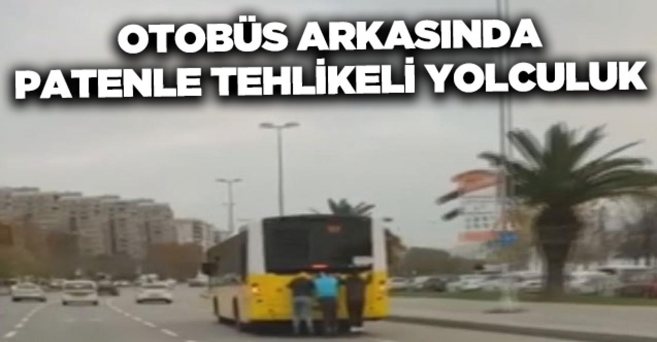 Gençlerin patenle tehlikeli otobüs arkası yolculuğu