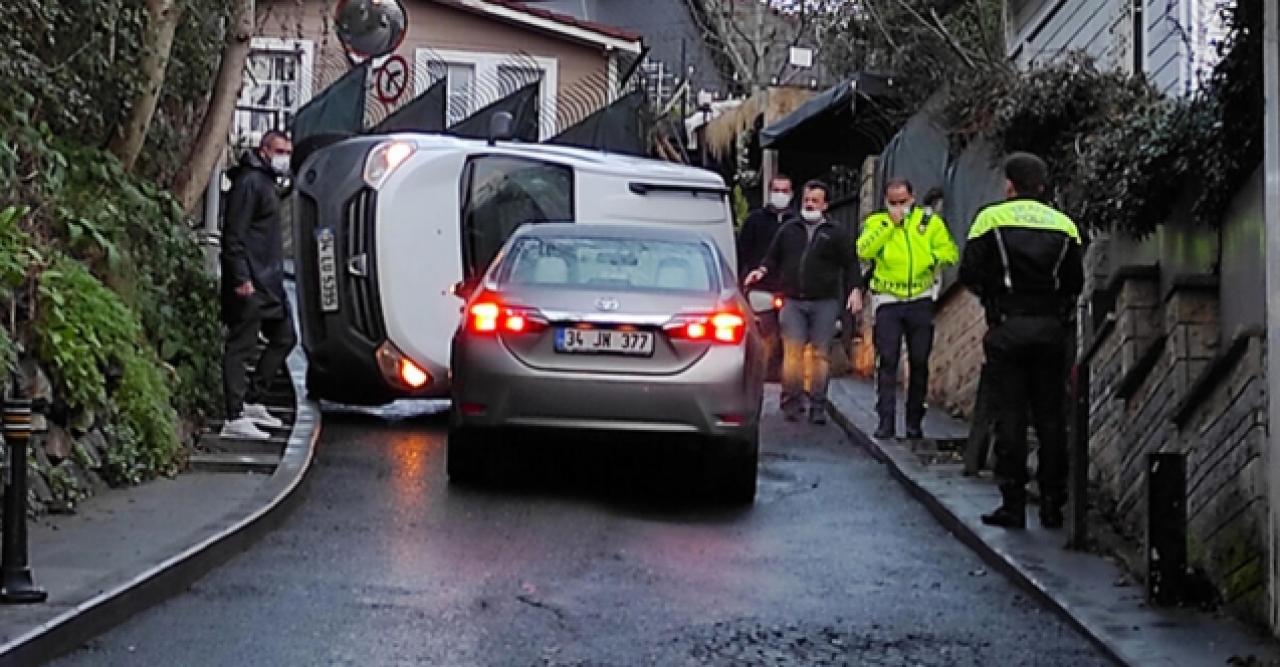 Bebek'te hafif ticari araç otomobilin üzerine böyle devrildi