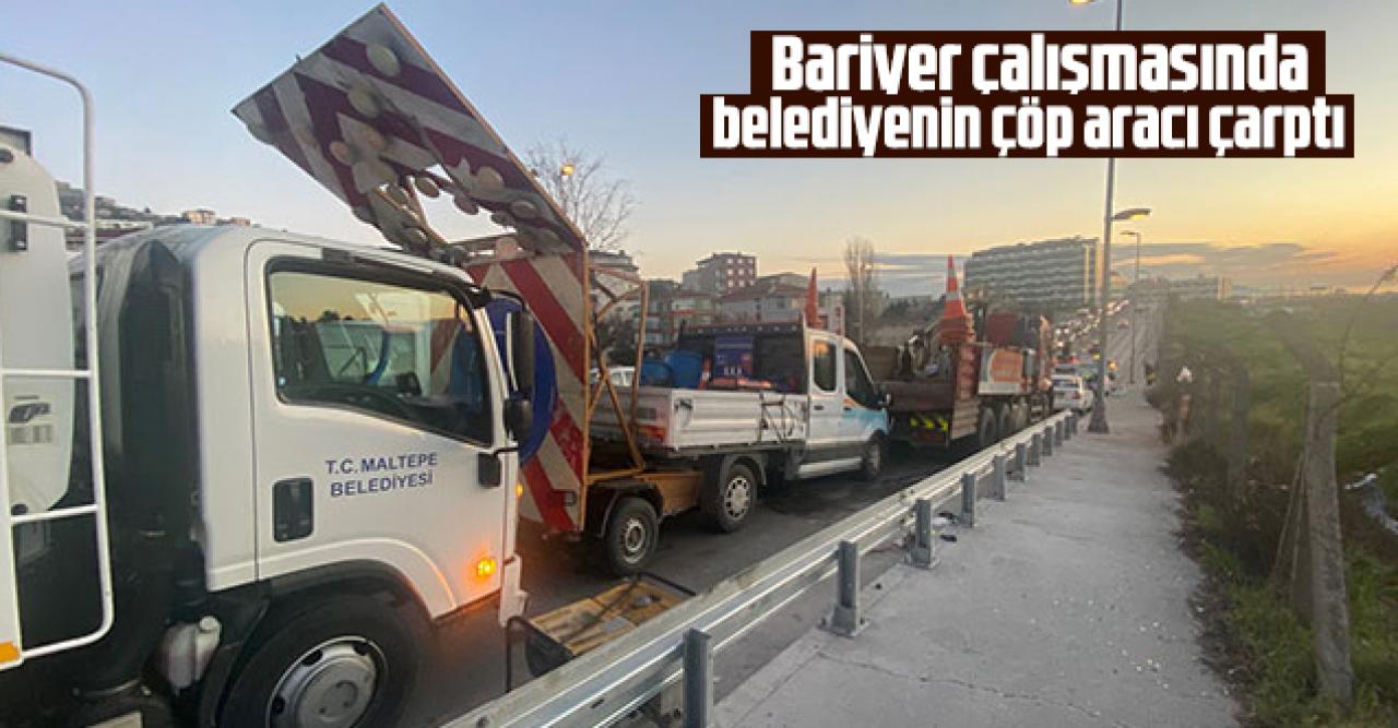 Bariyer çalışmasında ekiplerin aracına çöp kamyonu çarptı