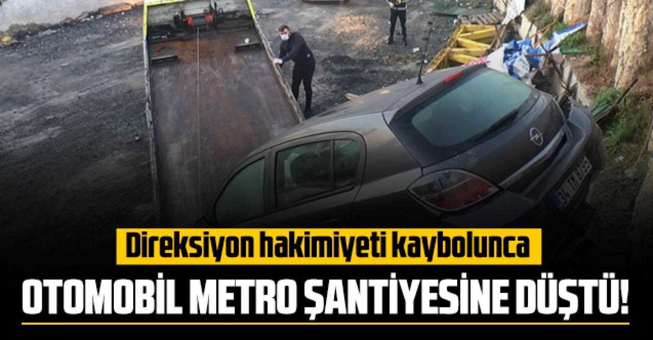 Direksiyon hakimiyeti kaybolan otomobil metro şantiyesine düştü