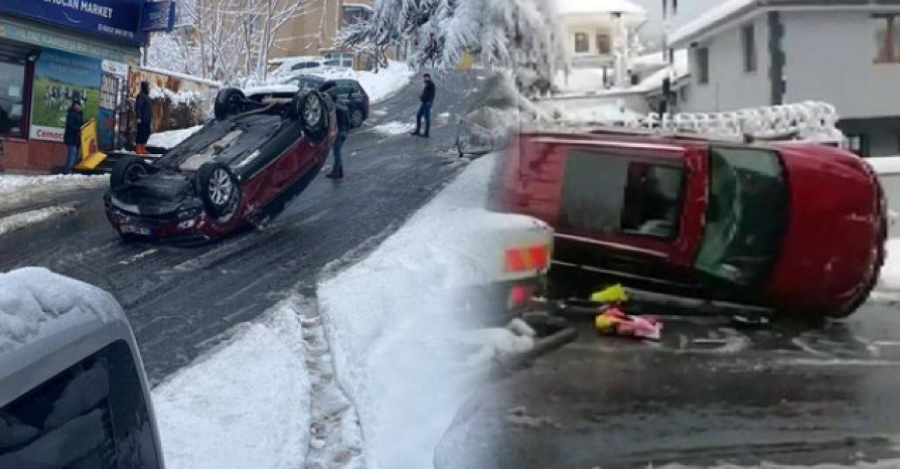 Sarıyer'de korku dolu anlar! Takla atan otomobilden yara almadan kurtuldular