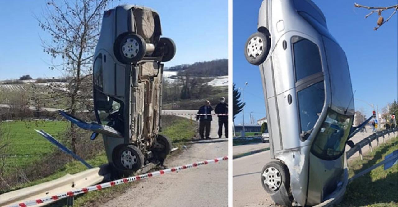 Bariyere çarpan otomobil dik durdu!