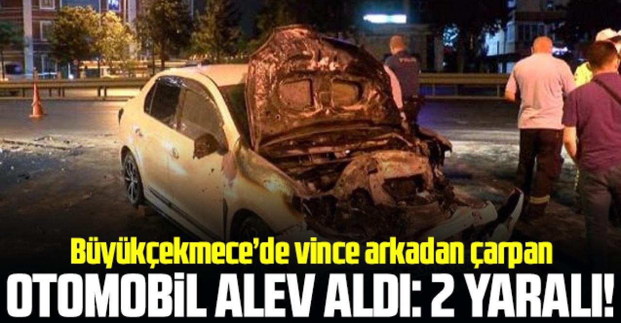 Büyükçekmece'de vince arkadan çarpan otomobil alev aldı: 2 yaralı