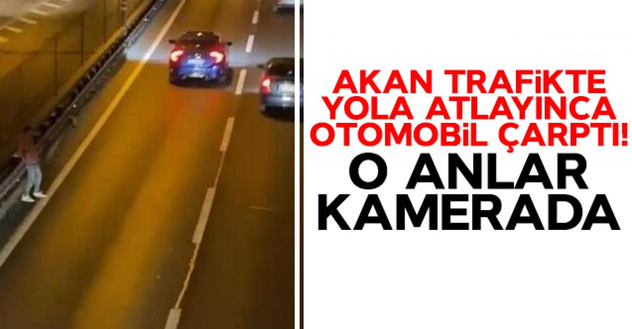 D-100'de kaza kamerada: Akan trafikte yolun karşısına geçmeye çalışırken otomobil çarptı