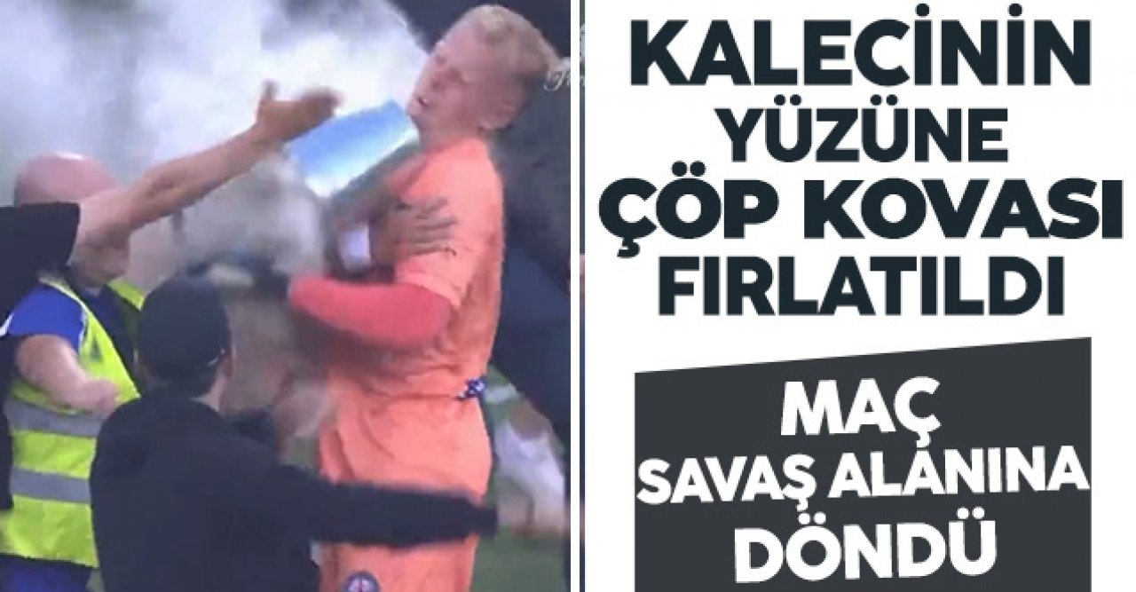 Futbol maçında kalecinin yüzüne çöp kovası fırlatıldı!