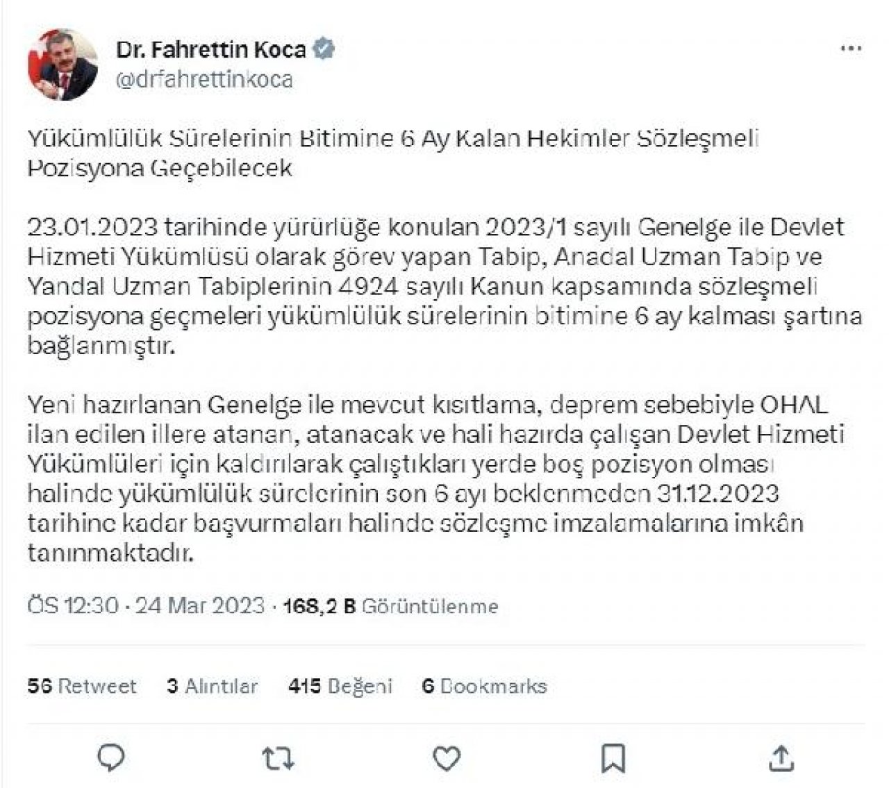 Bakan Koca: Yükümlülük süresi bitimine 6 ay kalan hekimler sözleşmeli pozisyona geçebilecek