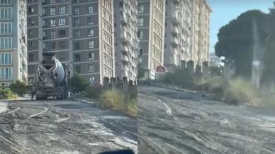 Beton mikseri sokağa harç dökerek ilerledi, yol kullanılamaz hale geldi