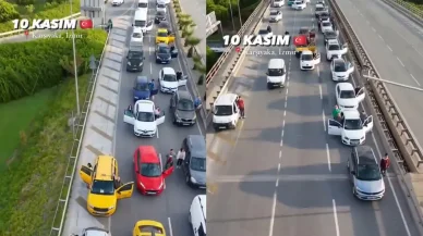 Karşıyaka'da saat 09:05'te sürücüler Ata'yı andı, muhteşem manzara dronla kaydedildi