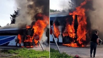 Yolcu otobüsü alev alev yandı