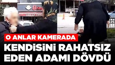 Kendisini rahatsız eden adamı böyle dövdü: 'Benim kocam yeni öldü, adam ol'