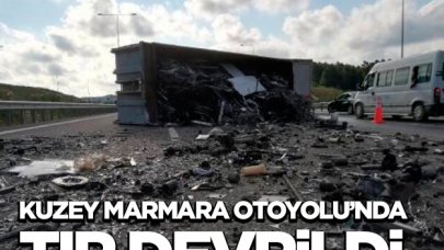 Kuzey Marmara Otoyolu'nda TIR devrildi! Ankara istikameti trafiğe kapatıldı