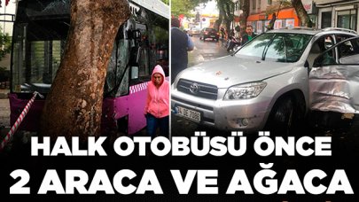 Halk otobüsü iki araca ve ağaca çarparak durabildi