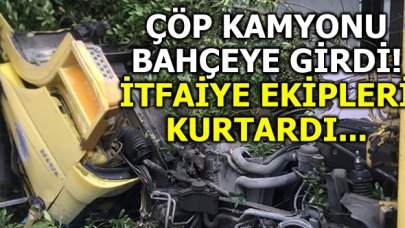 Freni boşalan kamyon bahçeye girdi!