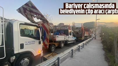 Bariyer çalışmasında ekiplerin aracına çöp kamyonu çarptı