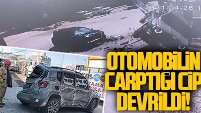 Büyükçekmece'de otomobilin çarptığı cip devrildi