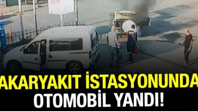 Akaryakıt istasyonunda yanan otomobili çalışanlar söndürdü