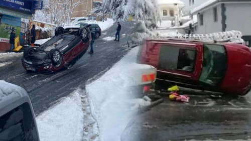 Sarıyer'de korku dolu anlar! Takla atan otomobilden yara almadan kurtuldular