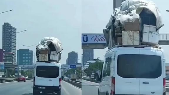 İstanbul'da güvenli taşımacılık! Servis aracının üstüne koyduğu yükle trafiği tehlikeye soktu