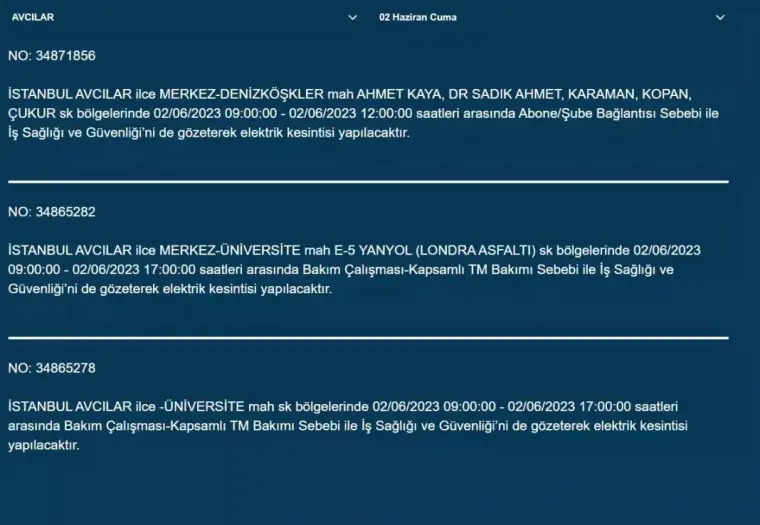 İstanbul'da O İlçelerde Elektrik Kesintisi Var! 02 Haziran 2023 Cuma 23