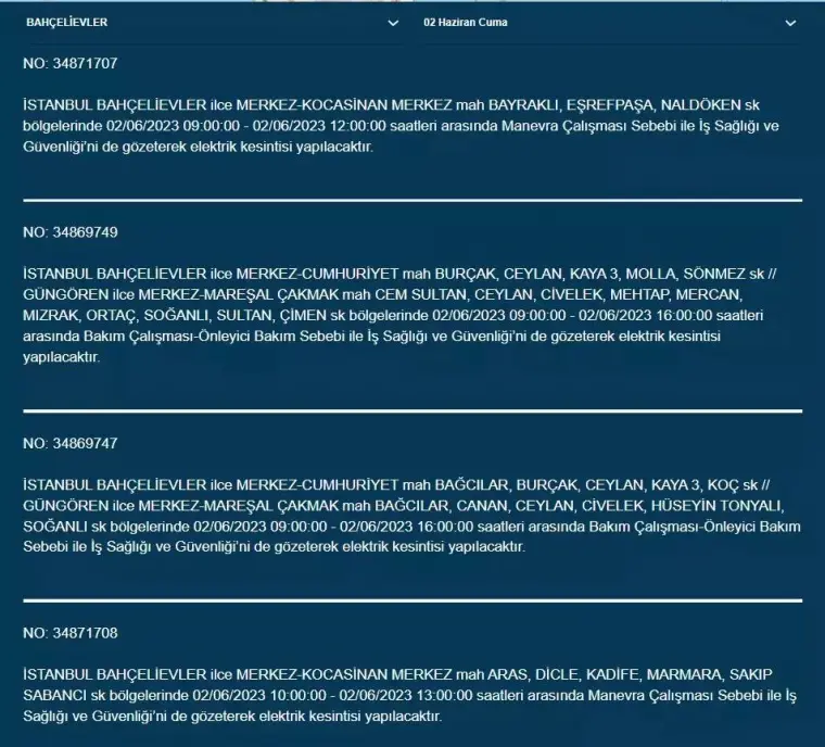 İstanbul'da O İlçelerde Elektrik Kesintisi Var! 02 Haziran 2023 Cuma 21