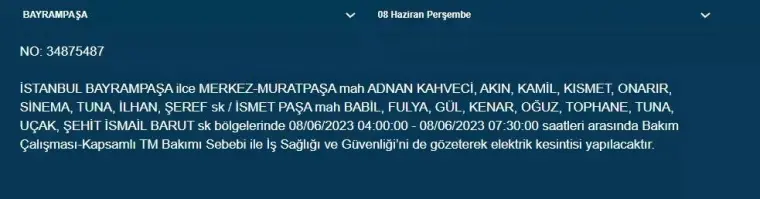 İstanbul'da Yarın Hangi İlçelerde Kesinti Olacak? 08 Haziran 2023 Bedaş Elektrik Kesintisi 7