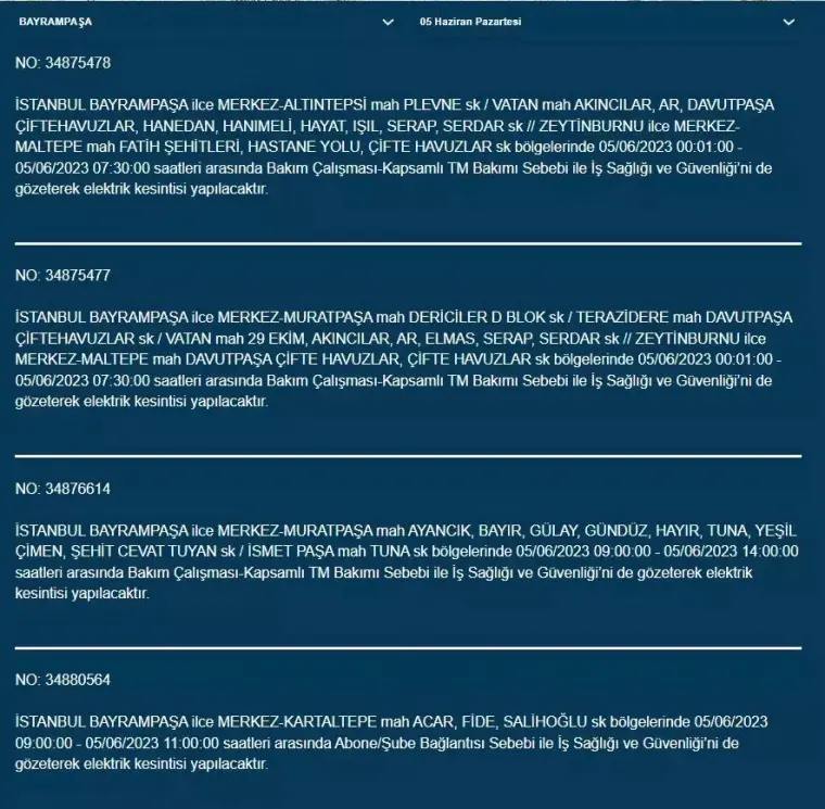 İstanbul'da yarın hangi ilçelerde elektrik kesintisi olacak 18