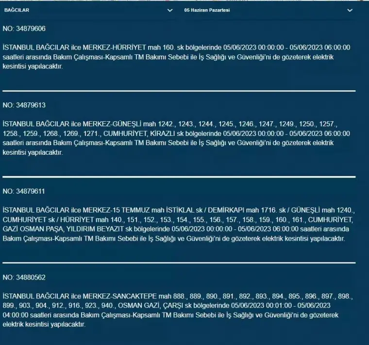 İstanbul'da yarın hangi ilçelerde elektrik kesintisi olacak 19