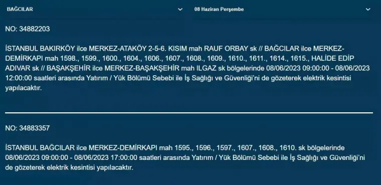 İstanbul'da Yarın Hangi İlçelerde Kesinti Olacak? 08 Haziran 2023 Bedaş Elektrik Kesintisi 2