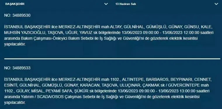 İstanbul'da Yarın O İlçelerde Saatlerce Elektrik Kesintisi Olacak! 13 Haziran 2023 Elektrik Kesintisi 12