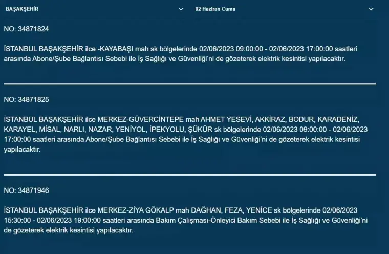 İstanbul'da O İlçelerde Elektrik Kesintisi Var! 02 Haziran 2023 Cuma 19