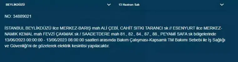 İstanbul'da Yarın O İlçelerde Saatlerce Elektrik Kesintisi Olacak! 13 Haziran 2023 Elektrik Kesintisi 10