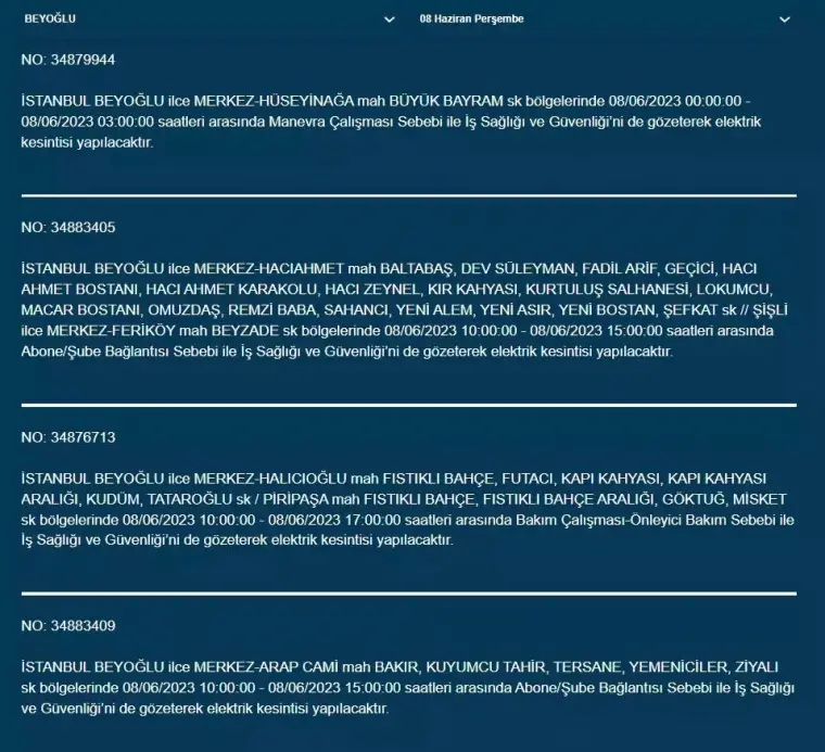 İstanbul'da Yarın Hangi İlçelerde Kesinti Olacak? 08 Haziran 2023 Bedaş Elektrik Kesintisi 19