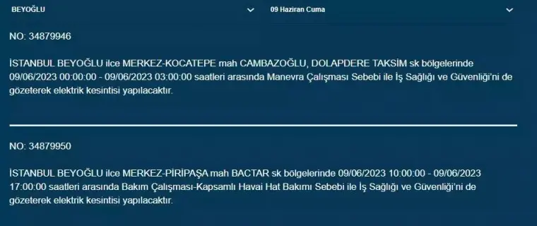 İstanbullular Dikkat! Yarın O İlçelerde Elektrik Kesintisi Var! 09 Haziran 2023 Cuma Elektrik Kesintisi 10