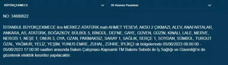 İstanbul'da yarın hangi ilçelerde elektrik kesintisi olacak 13