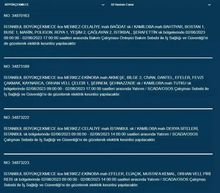 İstanbul'da O İlçelerde Elektrik Kesintisi Var! 02 Haziran 2023 Cuma 16