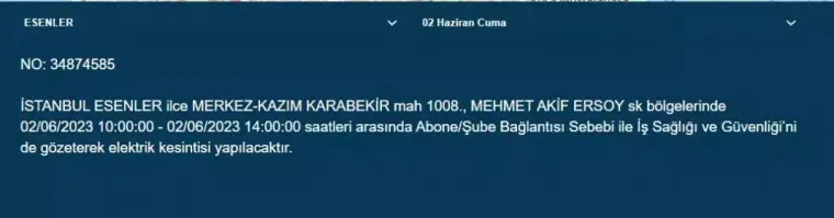 İstanbul'da O İlçelerde Elektrik Kesintisi Var! 02 Haziran 2023 Cuma 12