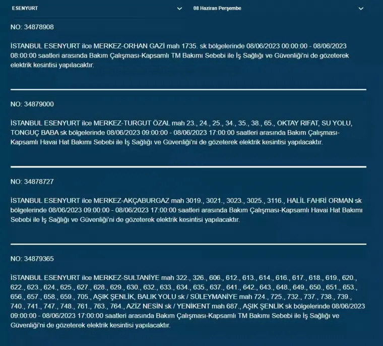 İstanbul'da Yarın Hangi İlçelerde Kesinti Olacak? 08 Haziran 2023 Bedaş Elektrik Kesintisi 18