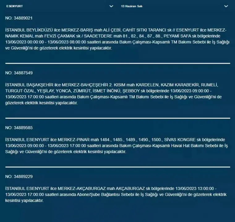 İstanbul'da Yarın O İlçelerde Saatlerce Elektrik Kesintisi Olacak! 13 Haziran 2023 Elektrik Kesintisi 14