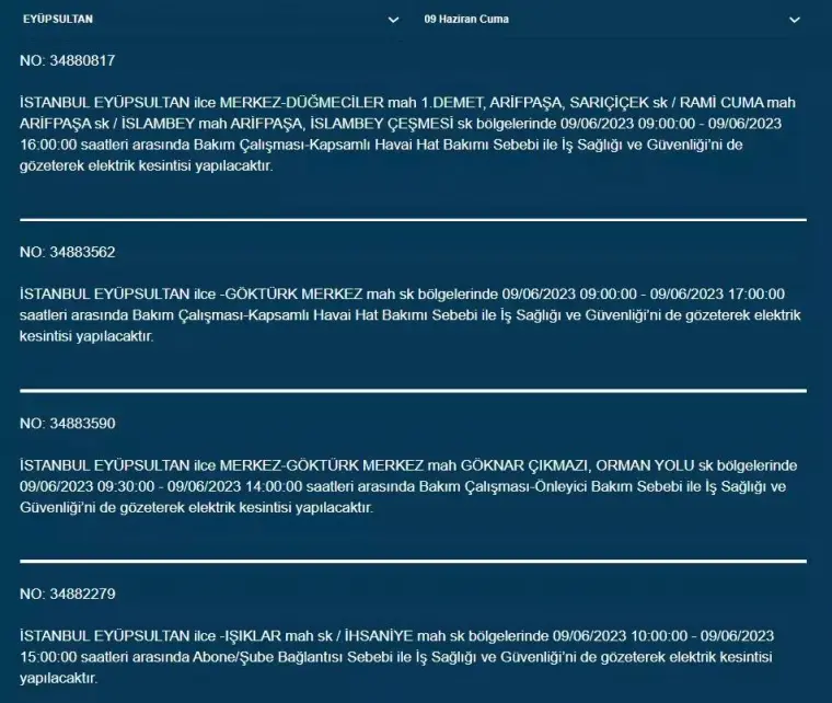 İstanbullular Dikkat! Yarın O İlçelerde Elektrik Kesintisi Var! 09 Haziran 2023 Cuma Elektrik Kesintisi 11