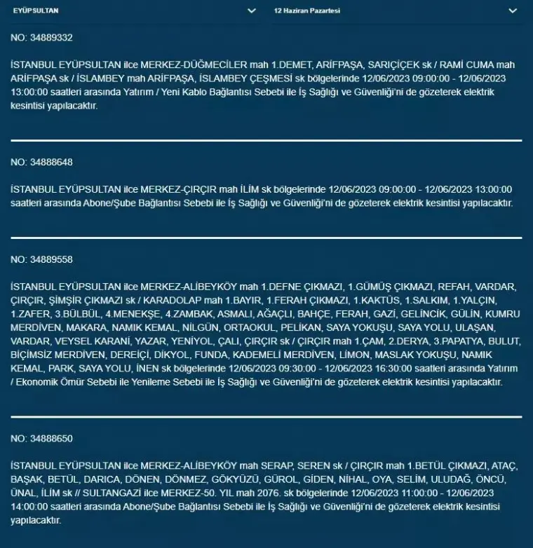 İstanbul'da Bugün O İlçelerde Elektrik Kesintisi Olacak! 12 Haziran 2023 Pazartesi Elektrik Kesintisi 12