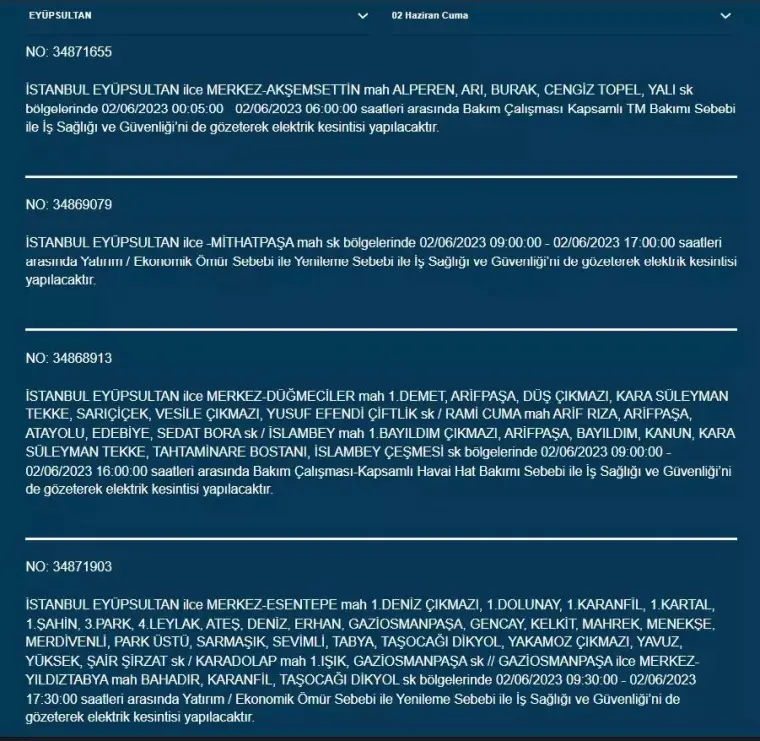 İstanbul'da O İlçelerde Elektrik Kesintisi Var! 02 Haziran 2023 Cuma 8