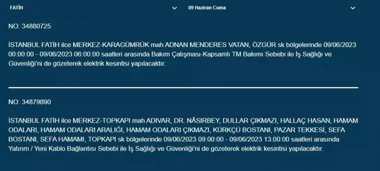 İstanbullular Dikkat! Yarın O İlçelerde Elektrik Kesintisi Var! 09 Haziran 2023 Cuma Elektrik Kesintisi 20