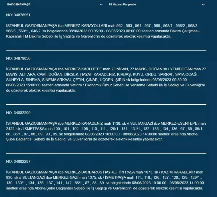 İstanbul'da Yarın Hangi İlçelerde Kesinti Olacak? 08 Haziran 2023 Bedaş Elektrik Kesintisi 14